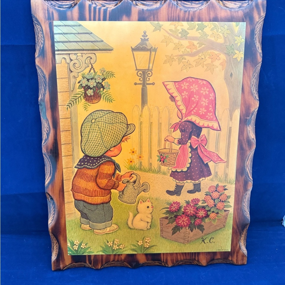 Vintage K.C. Nursery Art Plaque — Girl and Boy with Kitten
